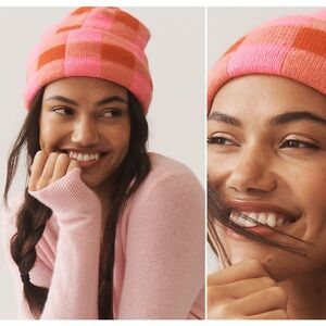 Anthropologie - NWT - Maeve Gingham Knit Beanie - Pink, Mauve, & Red Variation